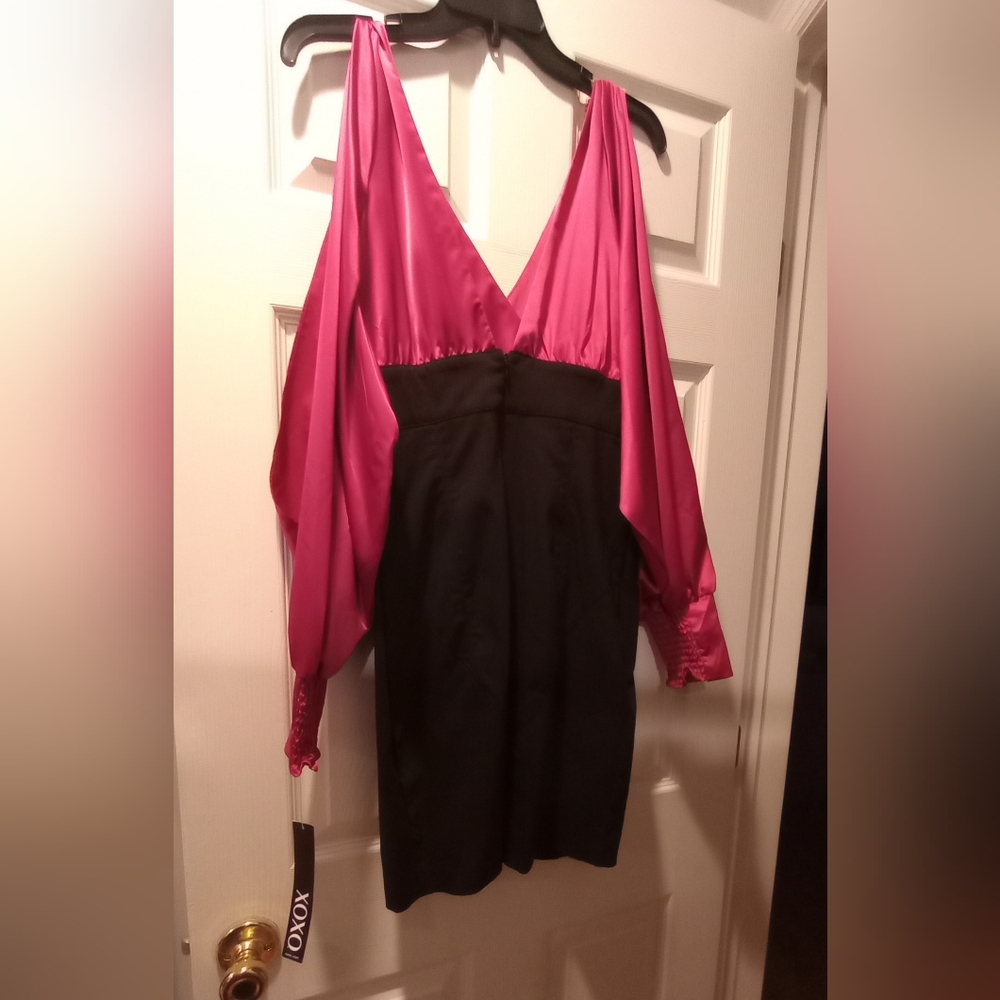 XOXO Magenta Satin Dress Top with Black Label Detail